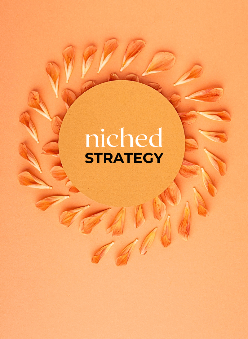Circular design with 'niched STRATEGY' text on an orange background
