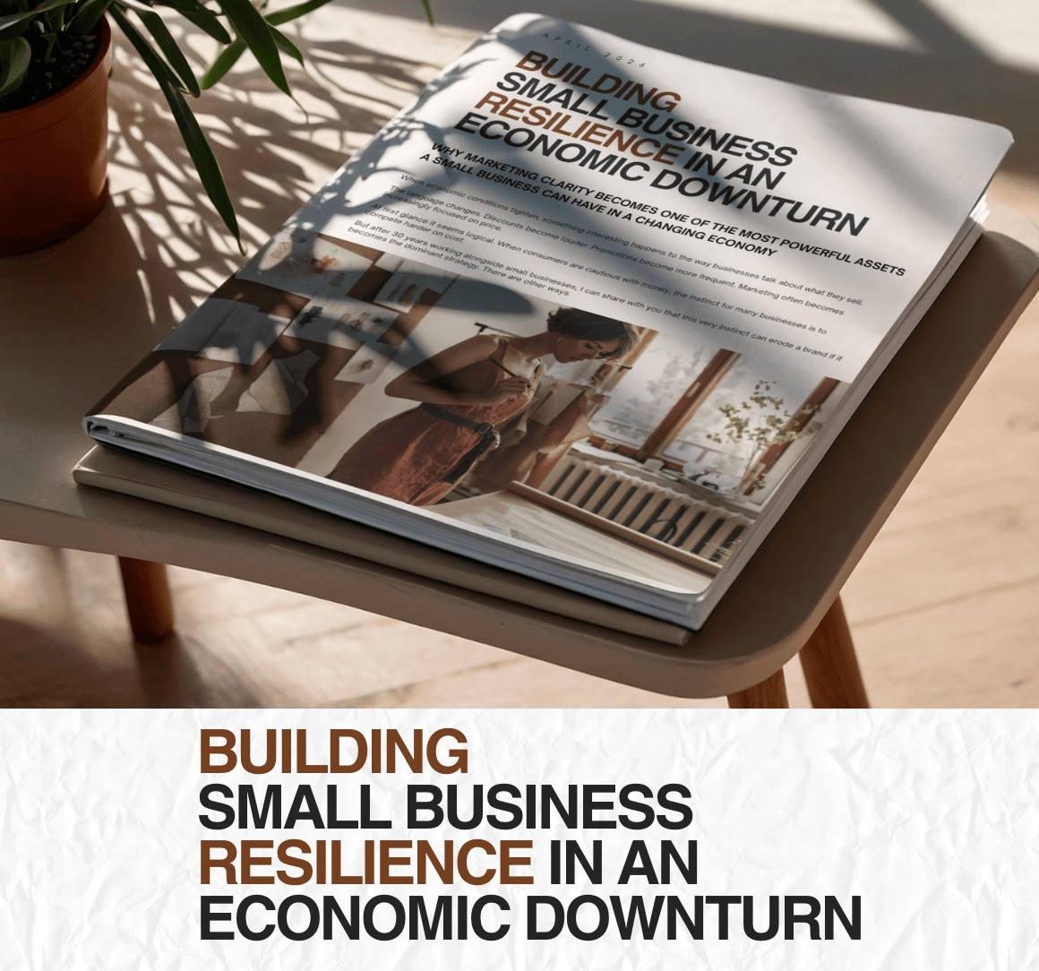 Book titled 'Building Small Business Resilience in an Economic Downturn' on a table with a plant in the background.